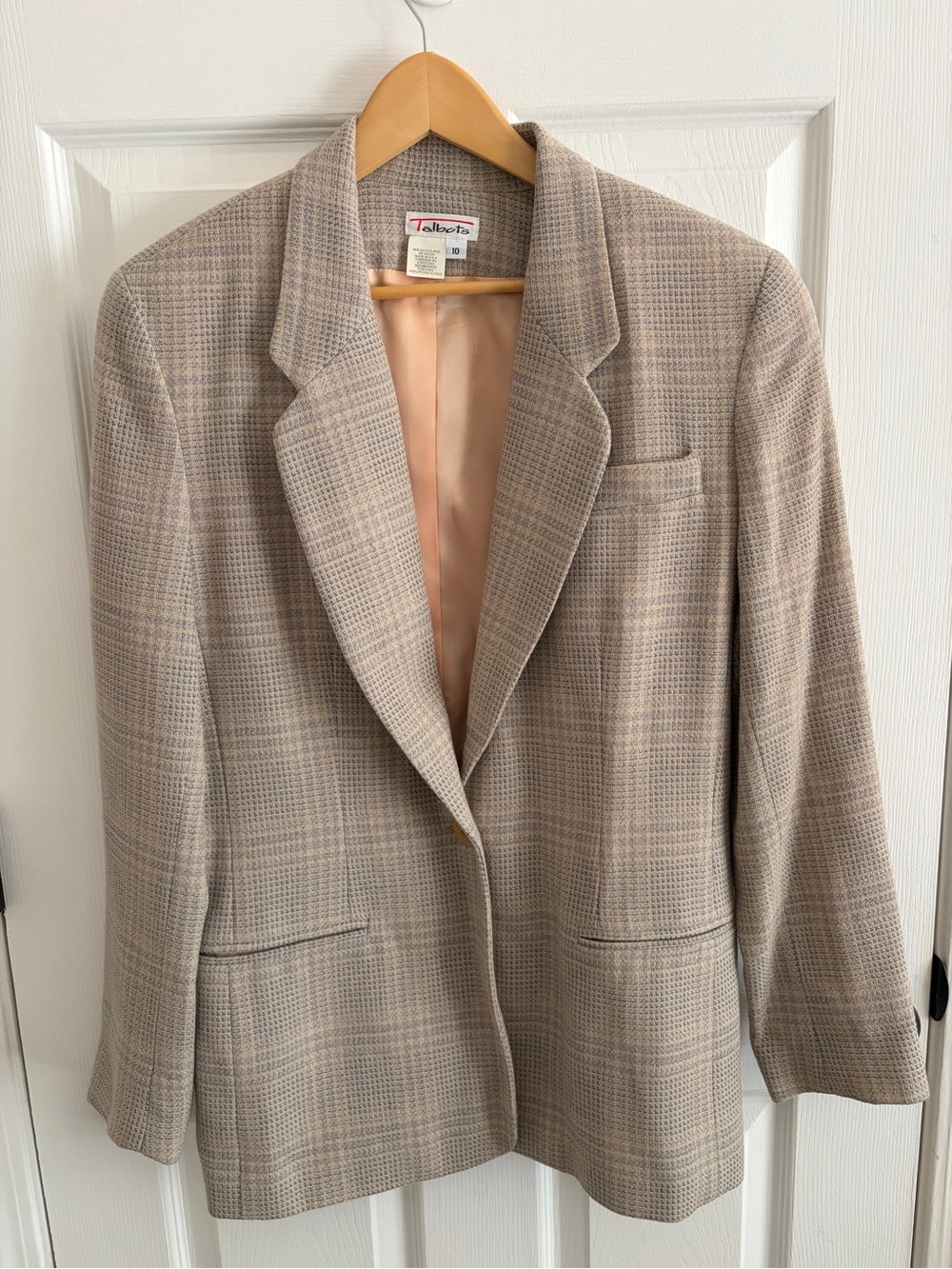 Talbots Vintage 90s Neutral Single Button Wool Beige Houndstooth Blazer - Sz 10